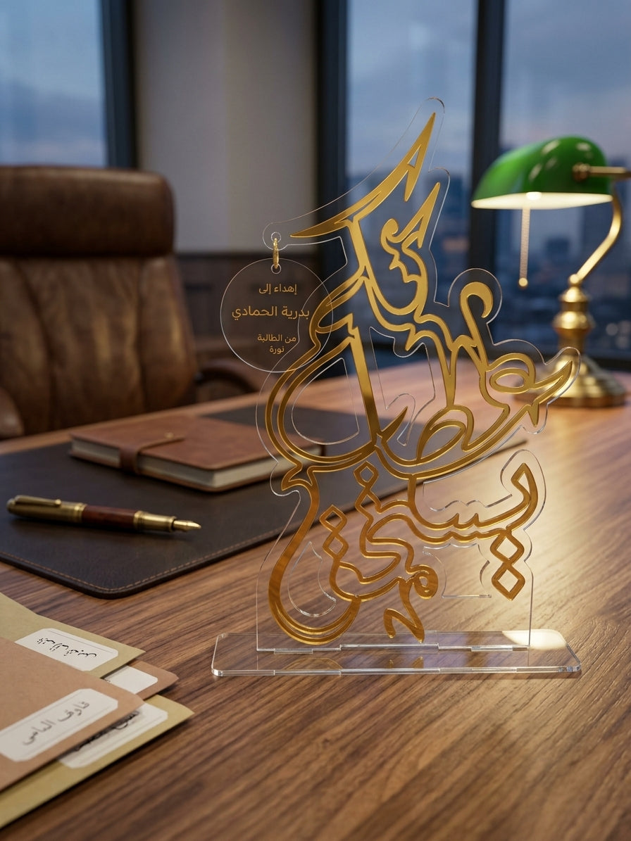 ستاند مكتبي أكريليك شفاف بعبارة ذهبية مع تاغ إهداء خاص