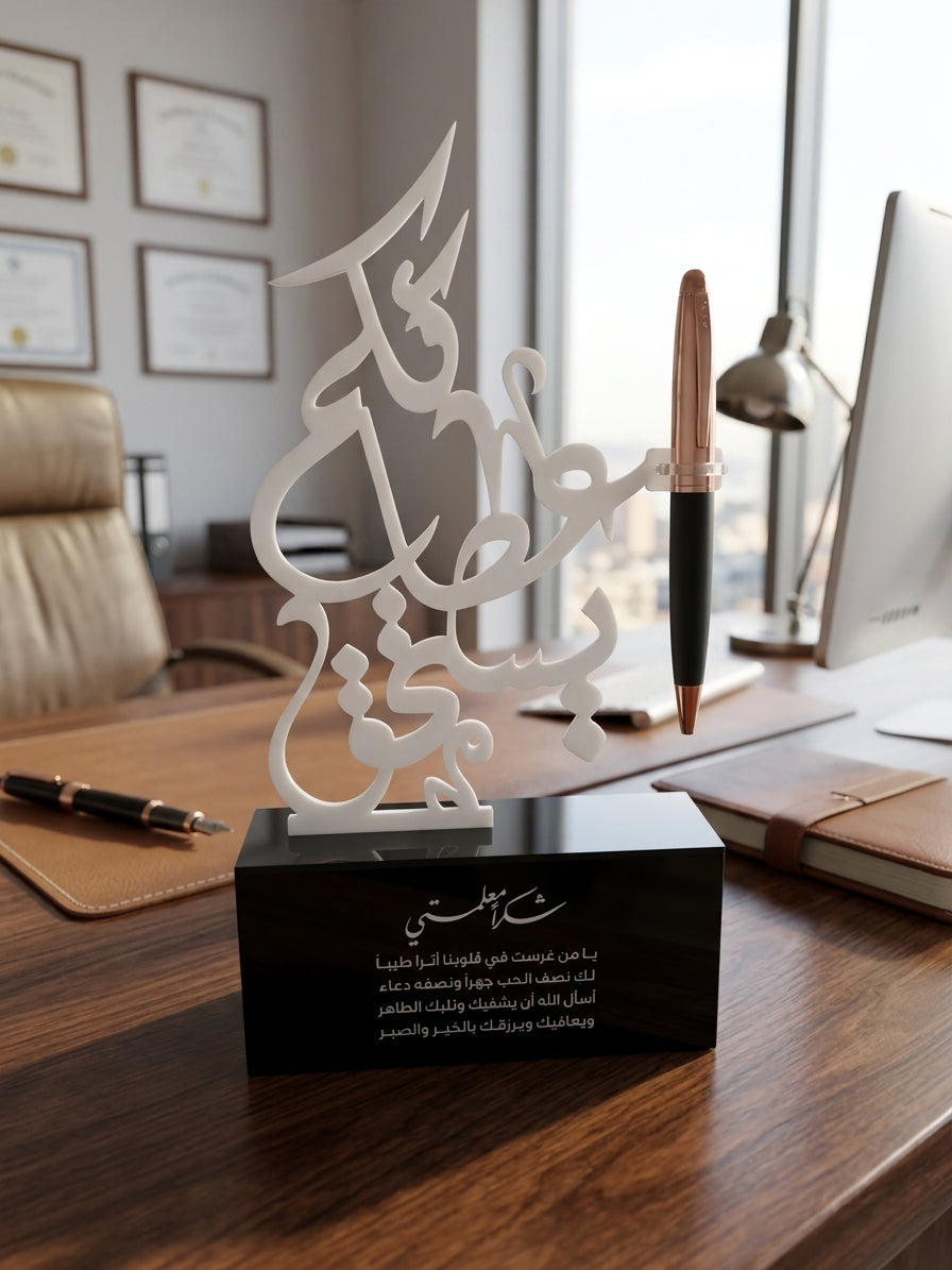 ستاند مكتبي (عطائكم يستحق) بالاكريليك الابيض