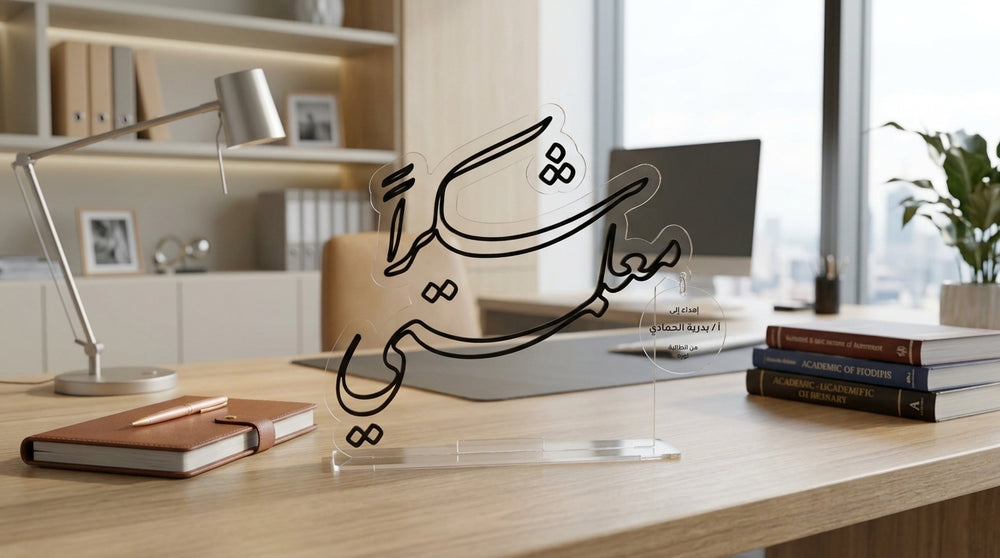 ستاند مكتبي أكريليك شفاف مع تاغ إهداء خاص